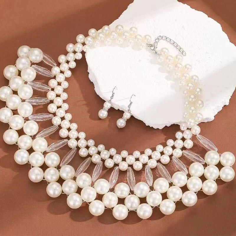 Multi Layer Large Pearl Bib Necklace Earrings Jewelry Set Clearance, Chunky White Faux Pearl Statement Collar Necklace for Wedding Party Bridal