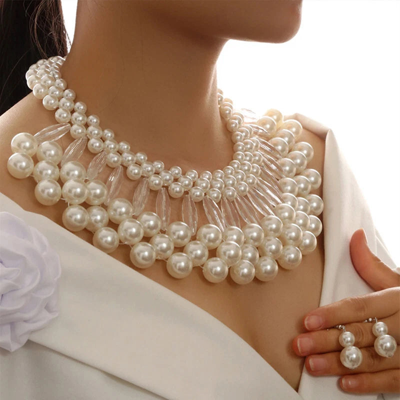 Multi Layer Large Pearl Bib Necklace Earrings Jewelry Set Clearance, Chunky White Faux Pearl Statement Collar Necklace for Wedding Party Bridal