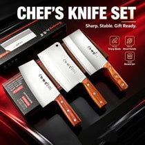 Clearance Professional Chinese Chef Knife Set, 3 Styles High Carbon Stainless Steel Cleaver Slicing Chopping Knife with Solid Wood Handle, Sharp Kitchen Cutlery for Meat Vegetable Cooking