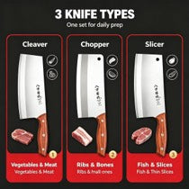 Clearance Professional Chinese Chef Knife Set, 3 Styles High Carbon Stainless Steel Cleaver Slicing Chopping Knife with Solid Wood Handle, Sharp Kitchen Cutlery for Meat Vegetable Cooking